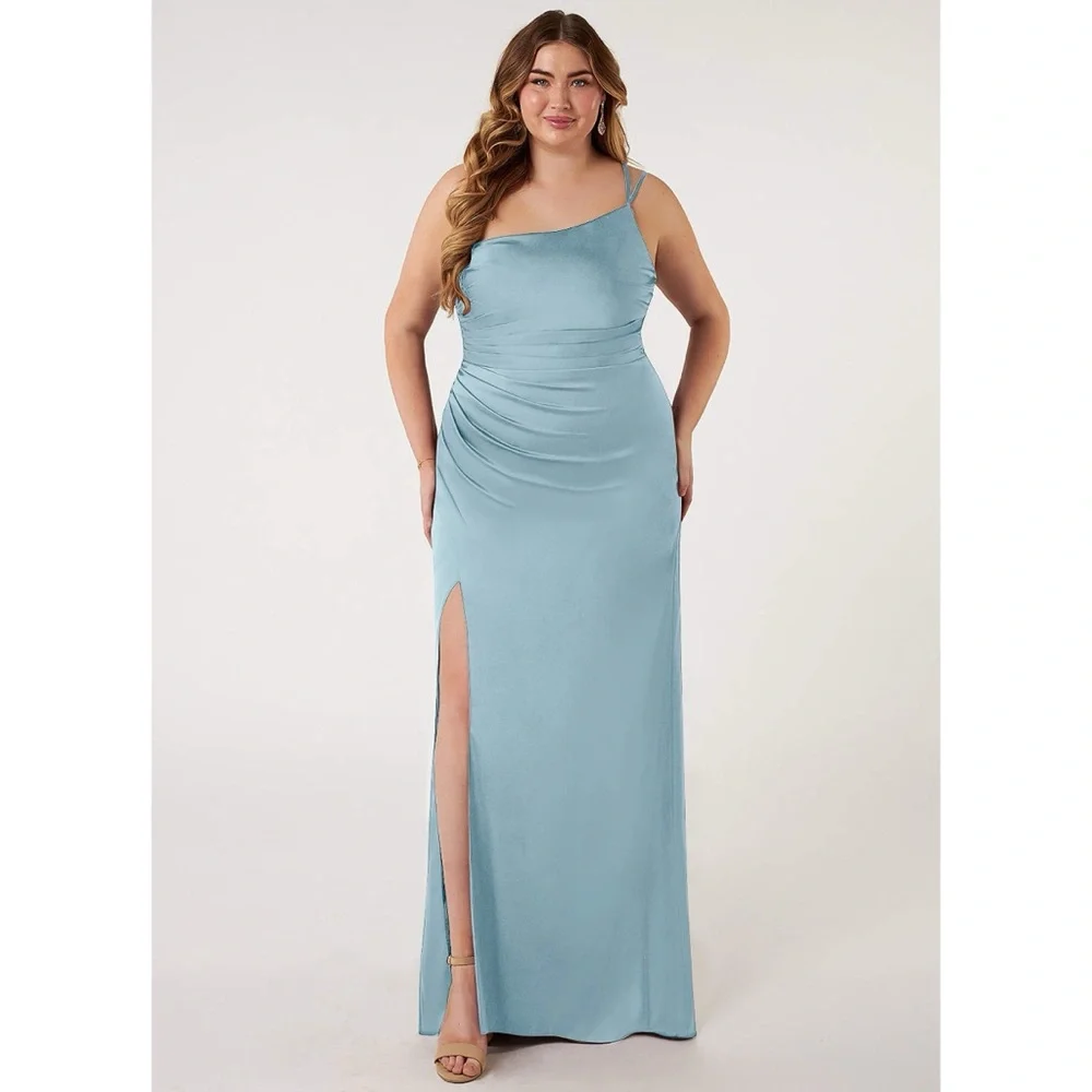 Azazie Eren Fitted One Shoulder Stretch Satin Bridesmaid Dress in Moody Blue NWT - Picture 8 of 15